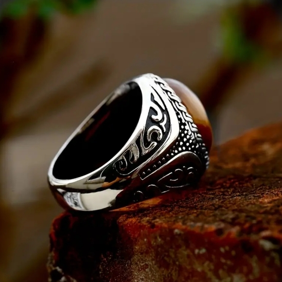 Vintage Tiger Eye Silvery Ring Bohemian Style Size 8 - Picture 11 of 17